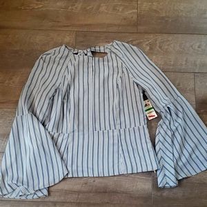 Bar III Peplum Bell Sleeve - Key Hole Blouse Size Medium White & Blue Stripes